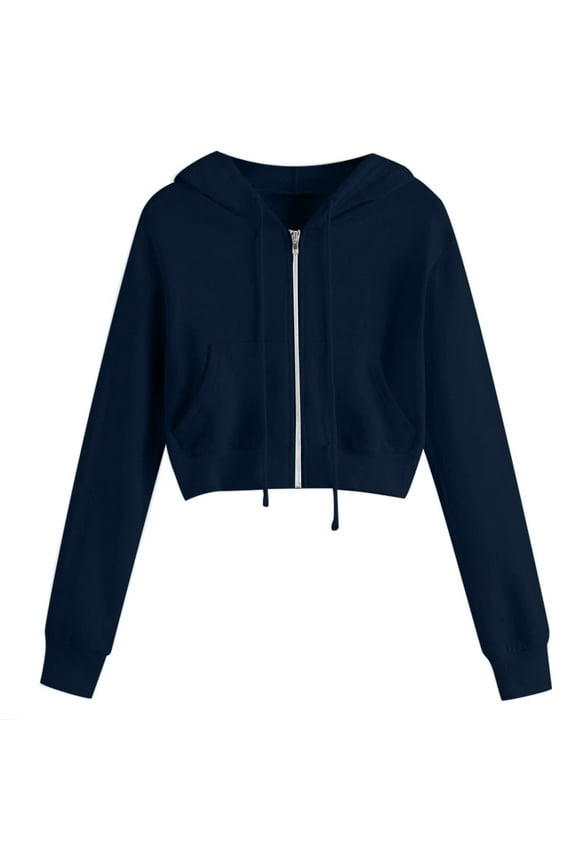 Women Cropped Sweatshirt Solid Long Sleeve Casual Workout Crop Top Sweatshirt Full-Zip Hooded Sweatshirt