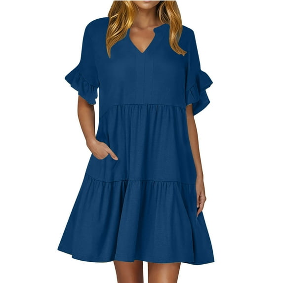 Edvintorg Women Dresses Solid Color Ruffle Short Sleeve Casual Beach Dress with Pockets Summer Vacation Casual Dresses for Women 2025