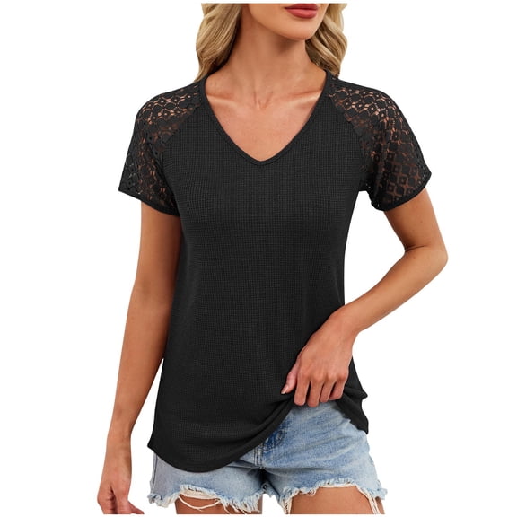 Edvintorg Women Dressy Casual Tops Business Work Blouses Summer Shirts Lace Short Sleeve V Neck Outfits 2026 Fashion Clothing