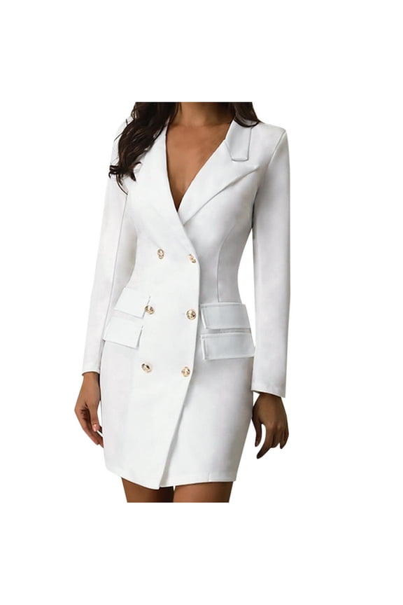 Women Elegant V Neck Long Sleeve Blazer Dress Fashion Women White Black Casual Work Office Double Breasted Slim Blazer Dresses Female Jacket