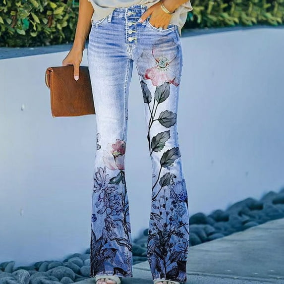 Edvintorg Women Flower Denim Jeans High Waist Stretch Skinny Pants Sexy Elegant Woman Flare Pants Jean Plus Size Clothes Femme Trousers Streetwear Retro Jeans With Buttons New Clearance