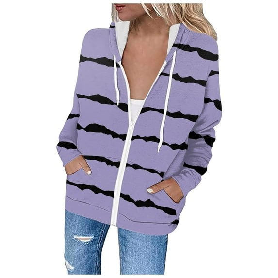 Edvintorg Women Full Zip Hoodies Fashion Printed Lightweight Loose Tops Long Sleeve Hooded Sweatshirt with Pockets
