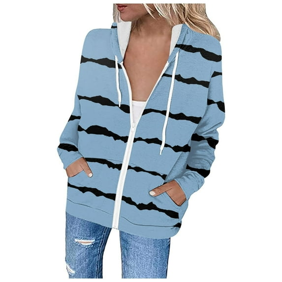 Edvintorg Women Full Zip Hoodies Fashion Printed Lightweight Loose Tops Long Sleeve Hooded Sweatshirt with Pockets