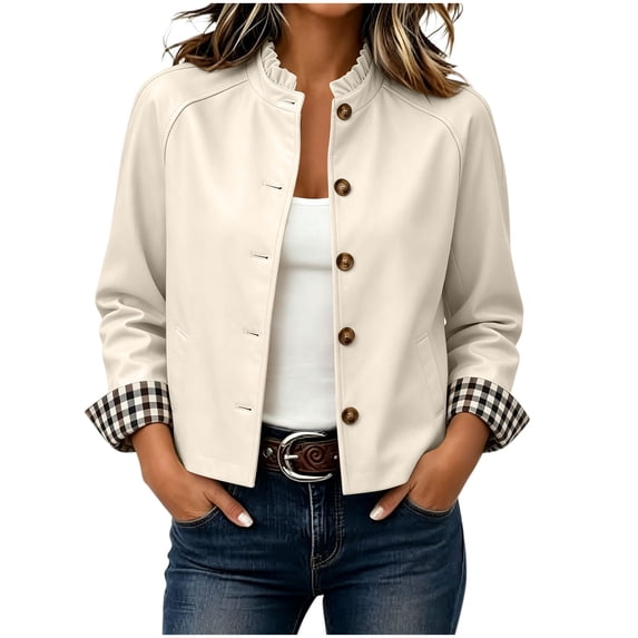 Edvintorg Women Jacket Fashion Ruffle Button Down Coat Long Sleeve Loose Casual Outerwear with Pocket Women's Clothing Beige S-2XL