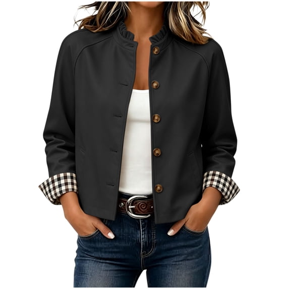 Edvintorg Women Jacket Fashion Ruffle Button Down Coat Long Sleeve Loose Casual Outerwear with Pocket Women's Clothing Black S-2XL