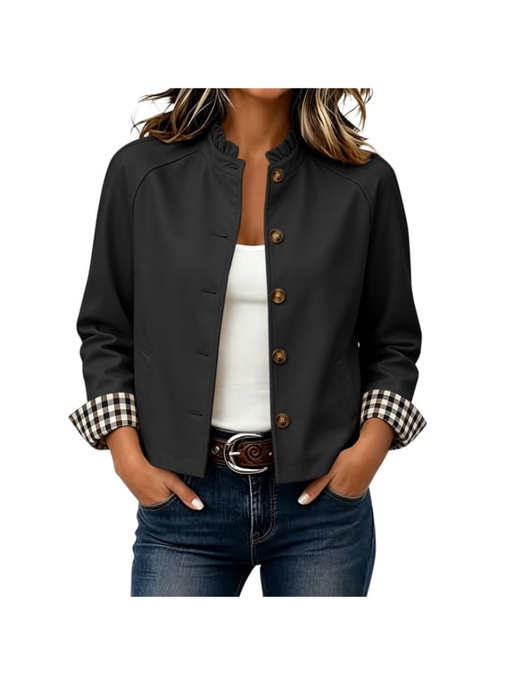 Women Jacket Fashion Ruffle Button Down Coat Long Sleeve Loose Casual Outerwear with Pocket Women's Clothing Black S-2XL