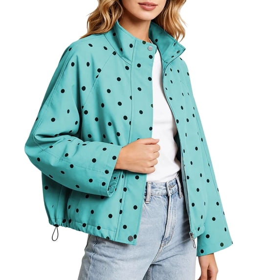 Edvintorg Women Jacket Plus Size Polka Dot Long Sleeve Zip up Coat Stand Collar Loose Casual Outerwear with Pocket Women Fall Clothes Blue S-3XL