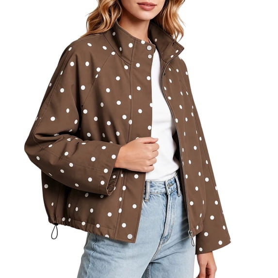 Edvintorg Women Jacket Plus Size Polka Dot Long Sleeve Zip up Coat Stand Collar Loose Casual Outerwear with Pocket Women Fall Clothes Brown S-3XL