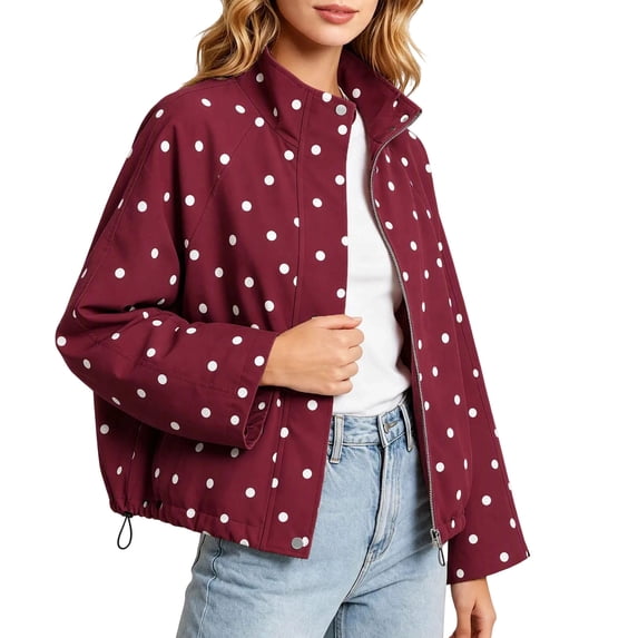 Edvintorg Women Jacket Plus Size Polka Dot Long Sleeve Zip up Coat Stand Collar Loose Casual Outerwear with Pocket Women Fall Clothes Wine S-3XL