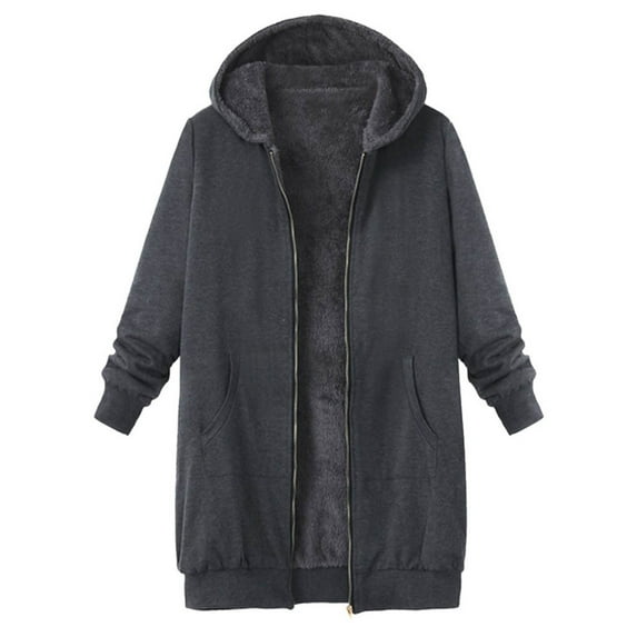 Edvintorg Women Jacket Winter Fashion Vintage Solid Fleece Hooded Zipper Long Sleeve Thick Coat Tops Women's Outwears Jaqueta Feminina