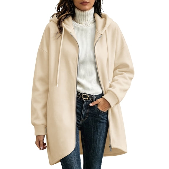 Edvintorg Women Jackets Long Sleeve Loose Casual Zip up Hooded Coat Fall Winter Drawstring Outerwear with Pocket Women Fashion S-2XL Beige