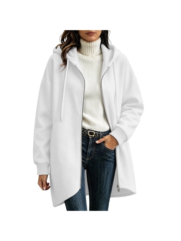 Women Jackets Long Sleeve Loose Casual Zip up Hooded Coat Fall Winter Drawstring Outerwear with Pocket Women Fashion S-2XL White