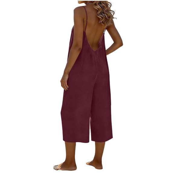 Edvintorg Women Jumpsuit Plus Size Fashion Casual Loose Adjustable Straps Romper Sleeveless Wide Leg Capri Pants Summer Clothes for Women Wine M