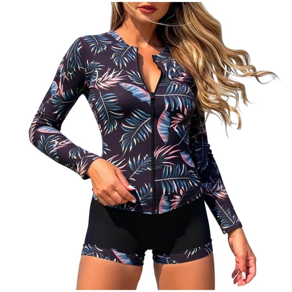 Edvintorg Women Long Sleeve Rash Guard Sun Protection Zip Front Swimsuit Shirt Surfing Shirt Tops with Boyshort Modest Swimwear