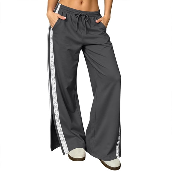 Edvintorg Women Pants Casual Plus Size Fashion Elastic Waisted Loose Wide Leg Trouser with Pocket Womans Clothes Dark Gray S-3XL