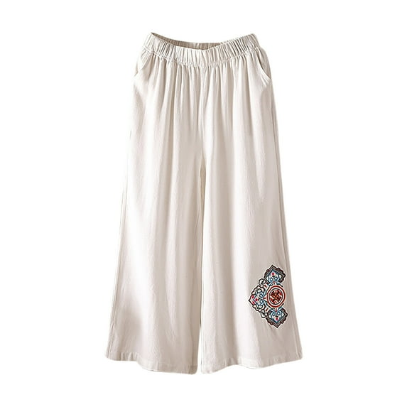 Edvintorg Women Pants Casual Summer Women's Wide Leg Pants Fashion High-Waisted Pattern Straight Trousers Plain Cotton and Nine Points Pants White XL