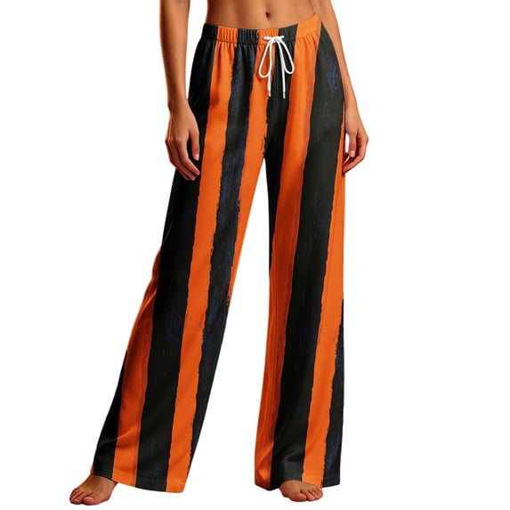 Edvintorg Women Pants Halloween Printed Elastic Waisted Casual Trouser Loose Comfy Wide Leg Pant with Drawstring Women Clothing Orange S-2XL