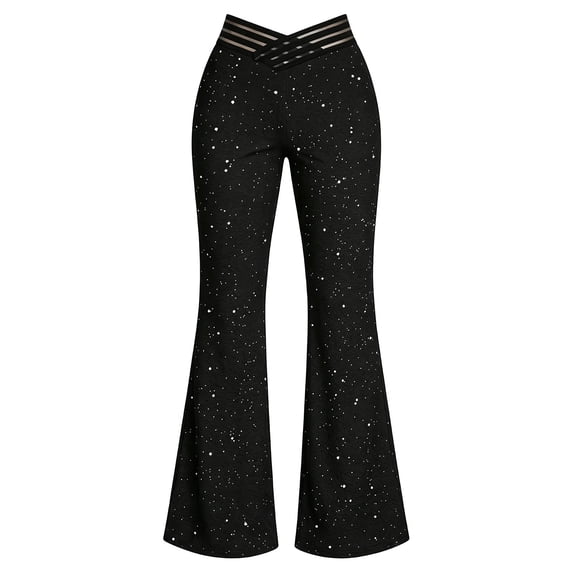 Edvintorg Women Pants Plus Size Fashion High Waisted Casual Trouser Loose Sequin Flare Pant Womans Clothes Black S-3XL