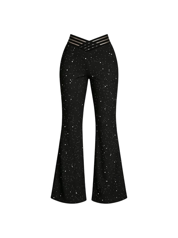 Women Pants Plus Size Fashion High Waisted Casual Trouser Loose Sequin Flare Pant Womans Clothes Black S-3XL