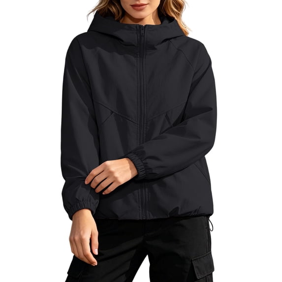 Edvintorg Women Rain Jacket Plus Size Fashion Outdoor Long Sleeve Casual Raincoat Lightweight Zip Up Windbreaker Womans Clothes Black XL