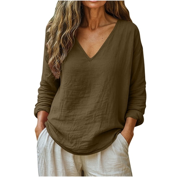 Edvintorg Women Shirt Plus Size Cotton and Linen Long Sleeve Pullover Top Loose Casual Lightweight Blouse Trendy Womens Clothes Coffee XXXL