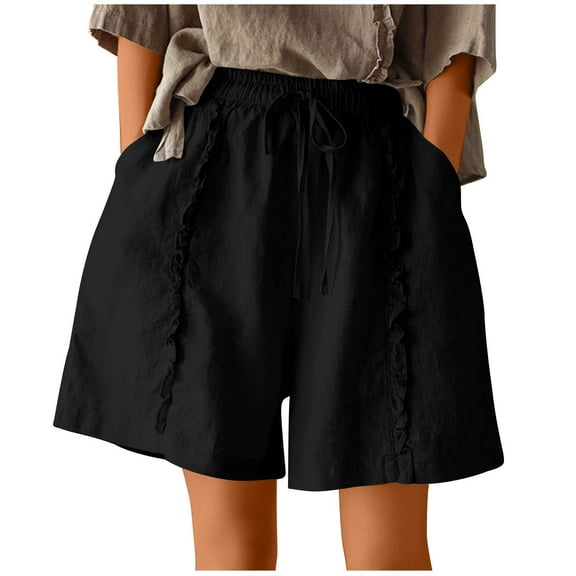 Edvintorg Women Shorts Casual Plus Size Cotton Linen Shorts for Women Summer High Waisted Wide Leg Shorts with Pockets Black L