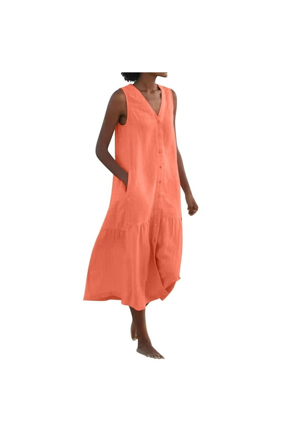 Women Summer Dresses Sleeveless Casual Loose Swing Button Down Midi Dress with Pockets