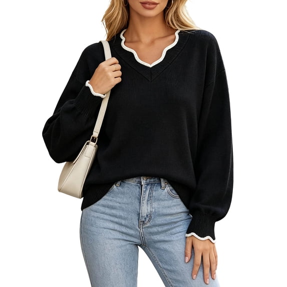Edvintorg Women Sweaters Color Block V Neck Long Sleeve Loose Casual Knit Pullover Top Fashion Clothing Women S-2XL Black