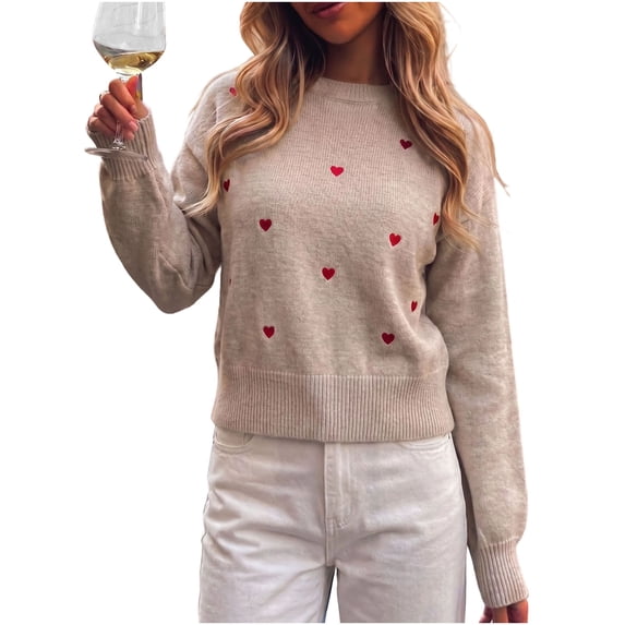 Edvintorg Women Sweaters Heart Embroidery Long Sleeve Cropped Knit Sweater Crew Neck Loose Pullover Top Clothes for Women Beige M