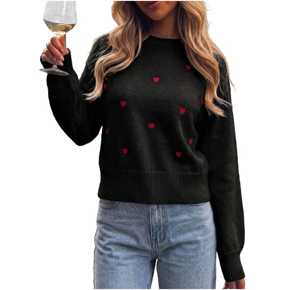 Edvintorg Women Sweaters Heart Embroidery Long Sleeve Cropped Knit Sweater Crew Neck Loose Pullover Top Clothes for Women Black M