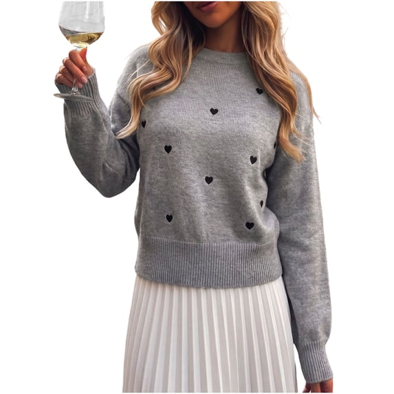 Edvintorg Women Sweaters Heart Embroidery Long Sleeve Cropped Knit Sweater Crew Neck Loose Pullover Top Clothes for Women Gray L