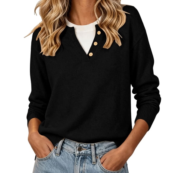 Edvintorg Women Sweaters V Neck Long Sleeve Casual Knit Pullover Sweater with Button Fall Winter Women Clothes Black XXXL