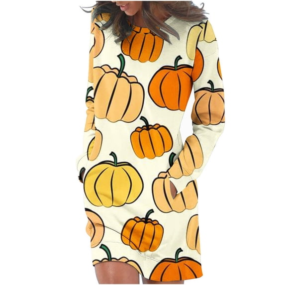 Edvintorg Women Sweatshirt Dress Clearance Women's Halloween Costumes Fashion Long Sleeve Print Round-Neck Ladies Holiday Outing Shirt Dresses