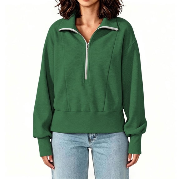 Edvintorg Women Sweatshirt Plus Size Cropped Sweatshirts Turndown Collar Half Zip Sweat Shirts Womens Clothes Green