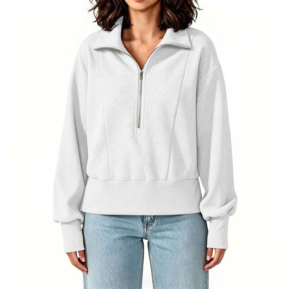 Edvintorg Women Sweatshirt Plus Size Cropped Sweatshirts Turndown Collar Half Zip Sweat Shirts Womens Clothes White