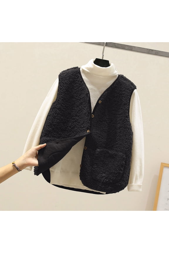 Women Waistcoat Black Pocket Short Coat Jacket Winter Sleeveless Fleece Button Jackets Outerwear