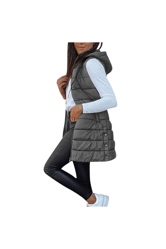 Women Winter Vest Sleeveless Casual Long Puffer Jackets Fashion Zip Up Hooded Waistcoat Down Coat with Pocket Dark Gray S