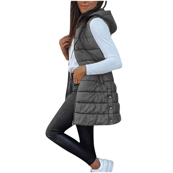 Edvintorg Women Winter Vest Sleeveless Casual Long Puffer Jackets Fashion Zip Up Hooded Waistcoat Down Coat with Pocket Dark Gray XXL