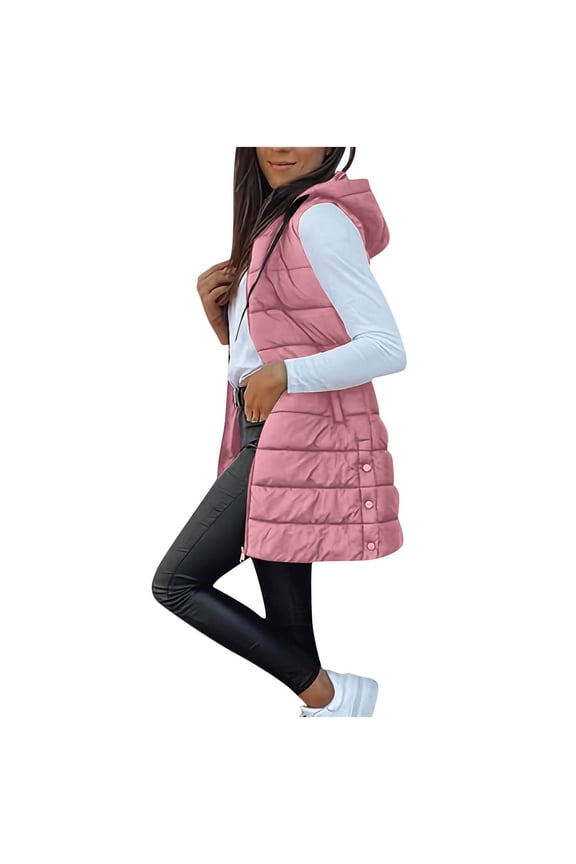 Women Winter Vest Sleeveless Casual Long Puffer Jackets Fashion Zip Up Hooded Waistcoat Down Coat with Pocket Pink M