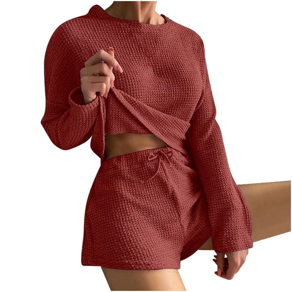 Edvintorg Women's 2 Piece Outfits 2025 Fall Winter Long Sleeve Crewneck Pullover Tops And Shorts Sweater Tracksuit Pajama Sets