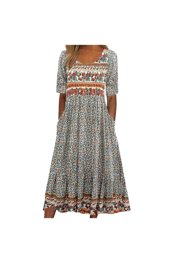 Women's 2025 Summer Dress Short Sleeve Boho Floral Print Casual Flowy Midi Dresses with Pocket Beach Vacation Outfits for Women