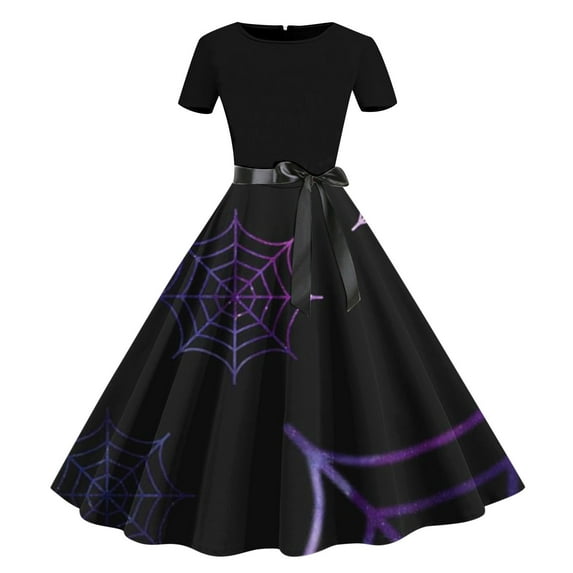 Edvintorg Women's Black Halloween Dress Vintage Halloween Casual Cosplay Party Costume Short Sleeve Round Neck Belted Irregular Printed Swing Dress