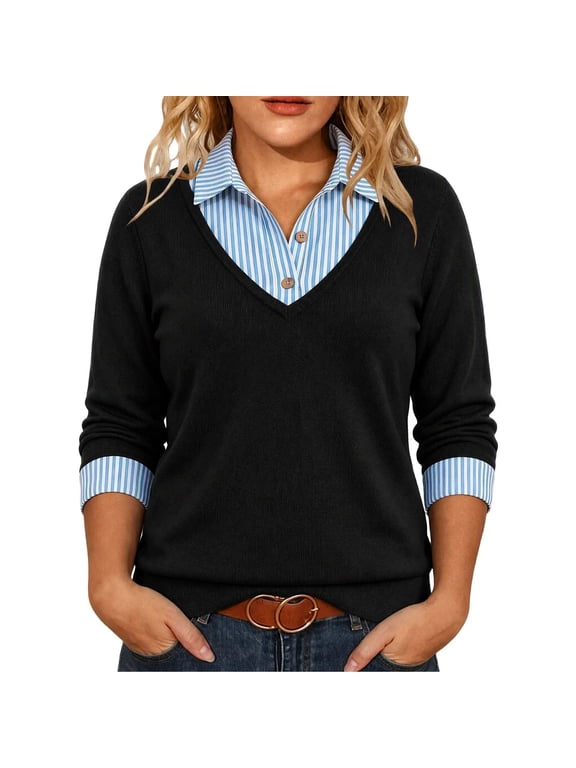 Women's Blouse Plus Size V Neck Striped Two-In-One Top Long Sleeve Loose Casual Shirt Womens Fashion Black XL-5XL