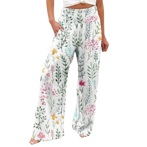 Edvintorg Women's Boho Palazzo Pants Wide Leg Lounge Pants Casual Printing Elastic Waist Comfortable Straight Loose Pants with Pockets