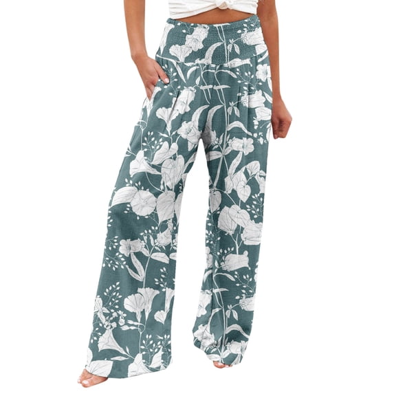 Edvintorg Women's Boho Palazzo Pants Wide Leg Lounge Pants Casual Printing Elastic Waist Comfortable Straight Loose Pants With Pockets