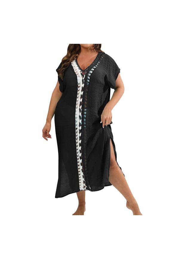 Women's Boho Patchwork Print Short Sleeve V Neck Dress Summer Casual Loose Split Beach Dresses Black Free Size