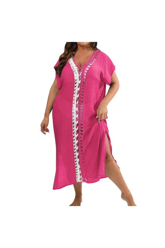 Women's Boho Patchwork Print Short Sleeve V Neck Dress Summer Casual Loose Split Beach Dresses Hot Free Size