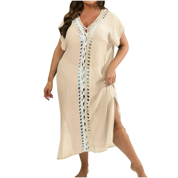 Edvintorg Women's Boho Patchwork Print Short Sleeve V Neck Dress Summer Casual Loose Split Beach Dresses Khaki Free Size