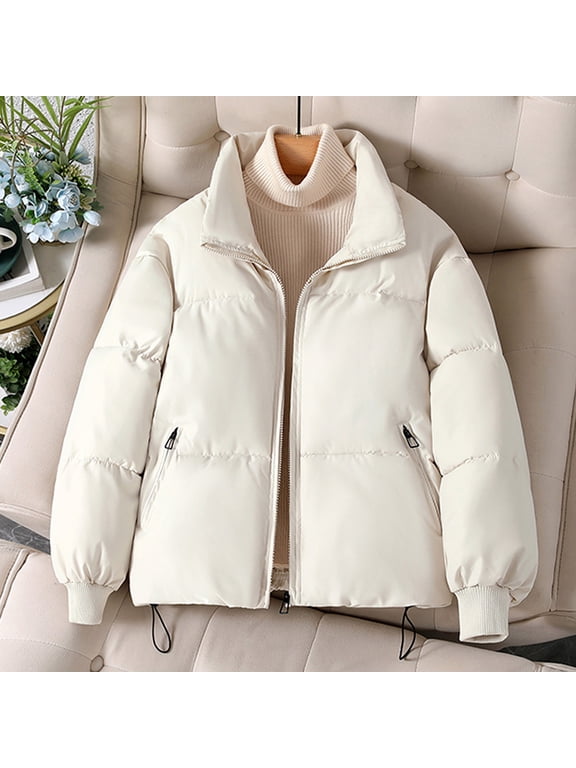 Women's Bread Jacket Solid Color Loose Casual Standing Collar Thickened Warm Short Bread Jackets with Zipper Women Coat
