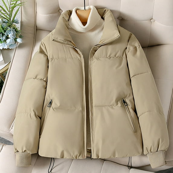 Edvintorg Women's Bread Jacket Solid Color Loose Casual Standing Collar Thickened Warm Short Bread Jackets with Zipper Women Coat
